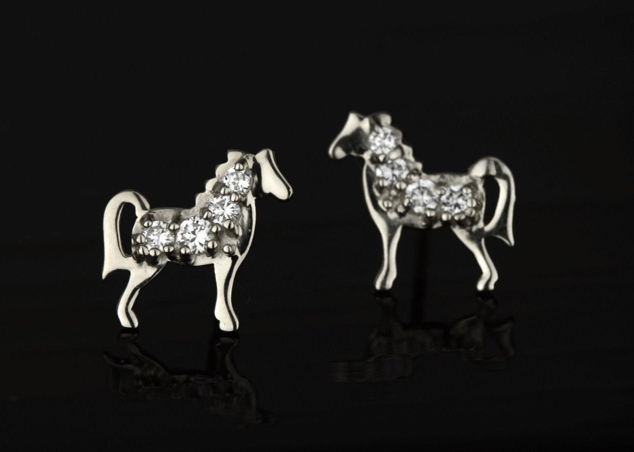 14k Yellow or White Gold Horse CZ  Stud Earrings