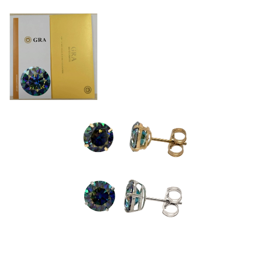 14K Gold GRA Certified D-VVS1 Rainbow Blue Moissanite Push Back Studs Earrings