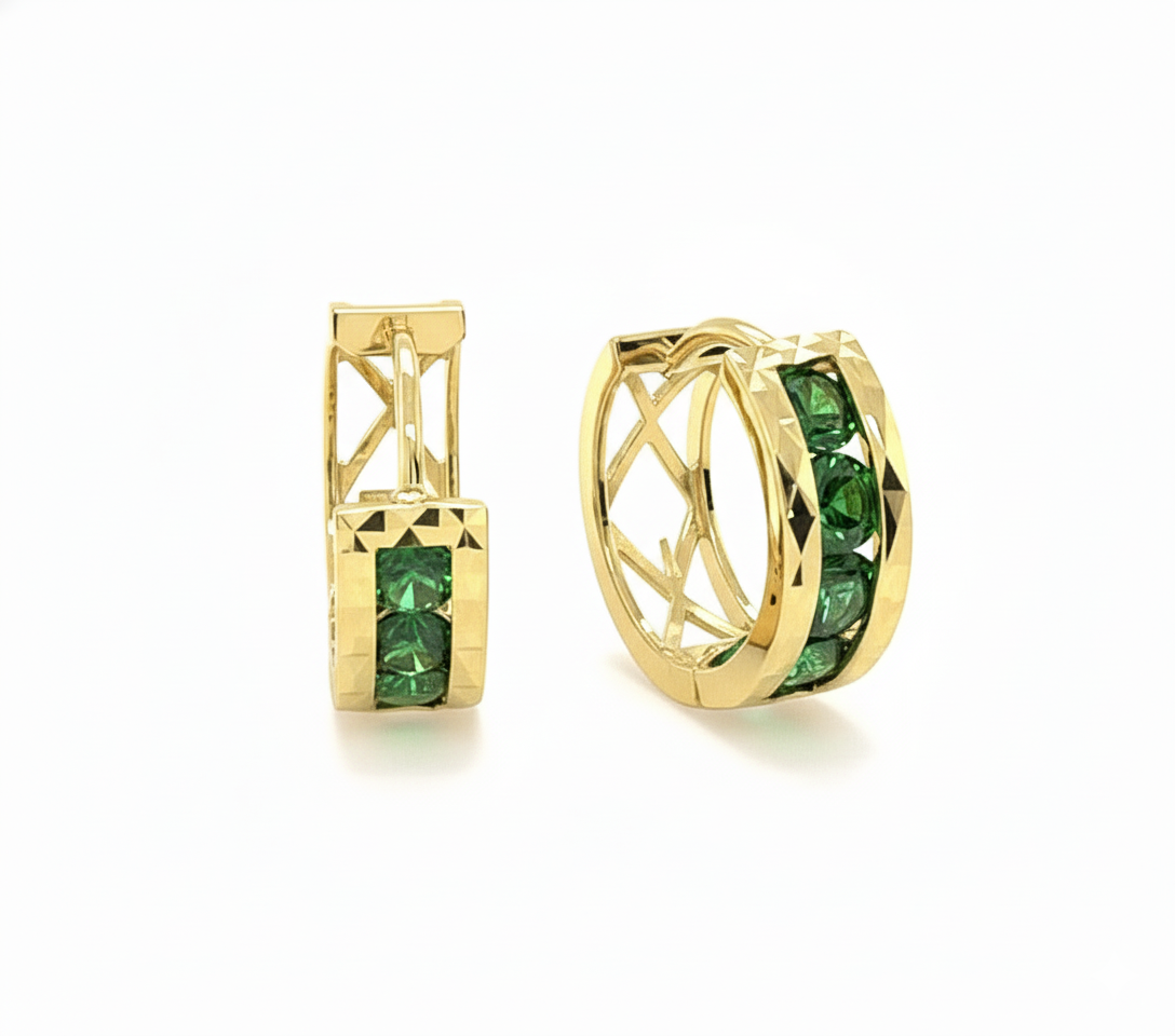 14k Yellow Gold Diamond Cut with Emerald CZ Birthstone Huggie Earrings