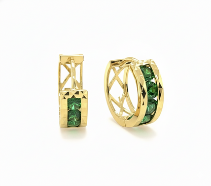 14k Yellow Gold Diamond Cut with Emerald CZ Birthstone Huggie Earrings