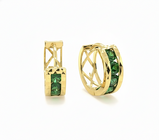 14k Yellow Gold Diamond Cut with Emerald CZ Birthstone Huggie Earrings