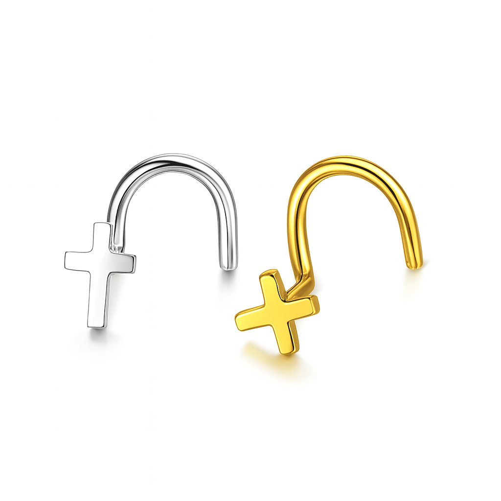 14k Yellow White Cross Nose Piercing CZ Stud