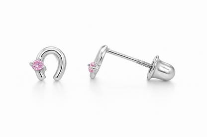 14k Solid Yellow or White Gold Horse Shoe Screw Back Stud Earrings with CZ