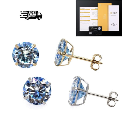 14K Gold GRA Certified D-VVS1 Ocean Blue Moissanite Push Back Studs Earrings