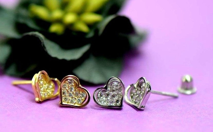 14K White Yellow Gold Heart Shape CZ Stud Earrings
