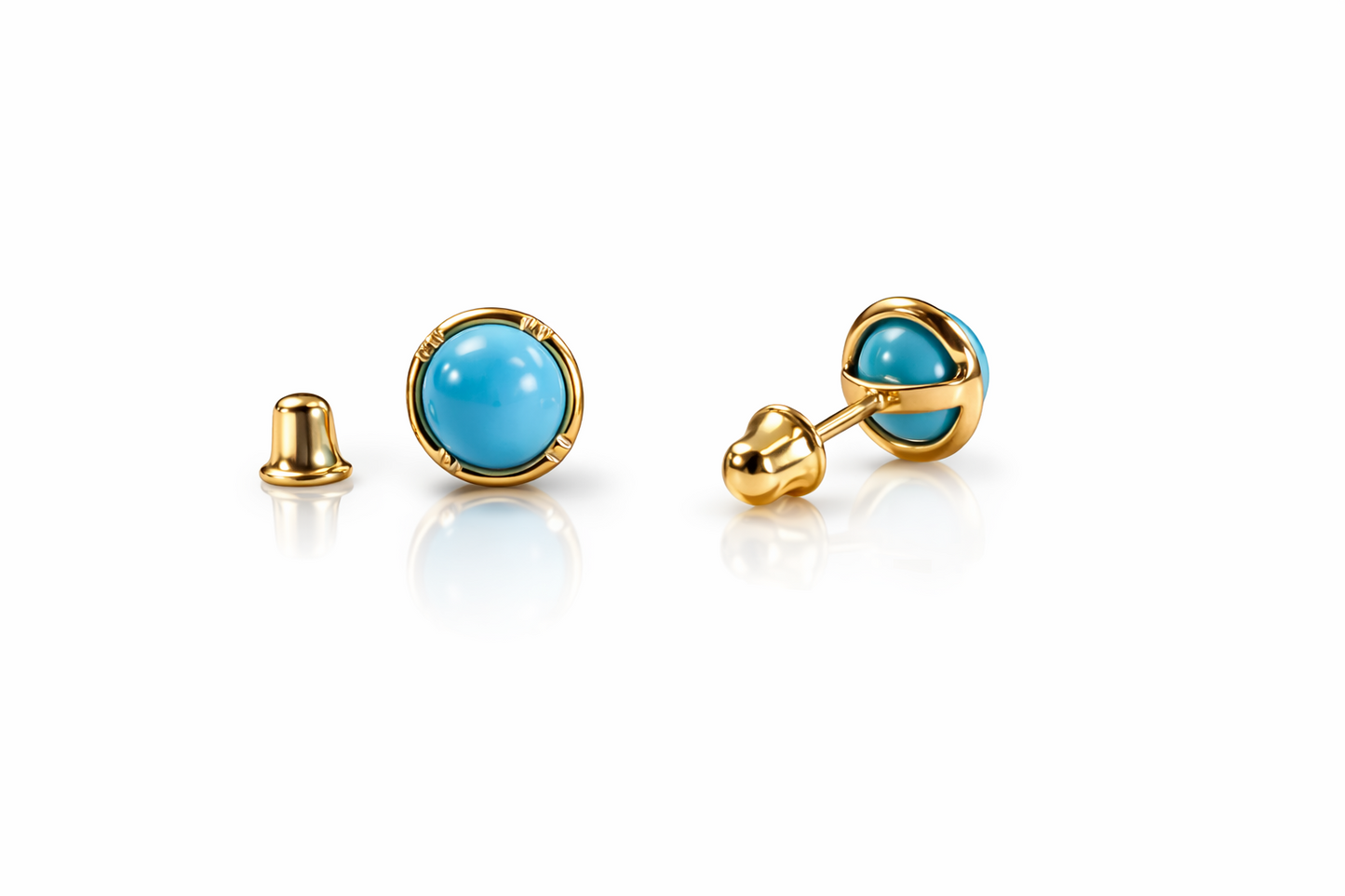 14k Yellow & White Gold Round Turquoise Screw Back Stud Earrings for Women