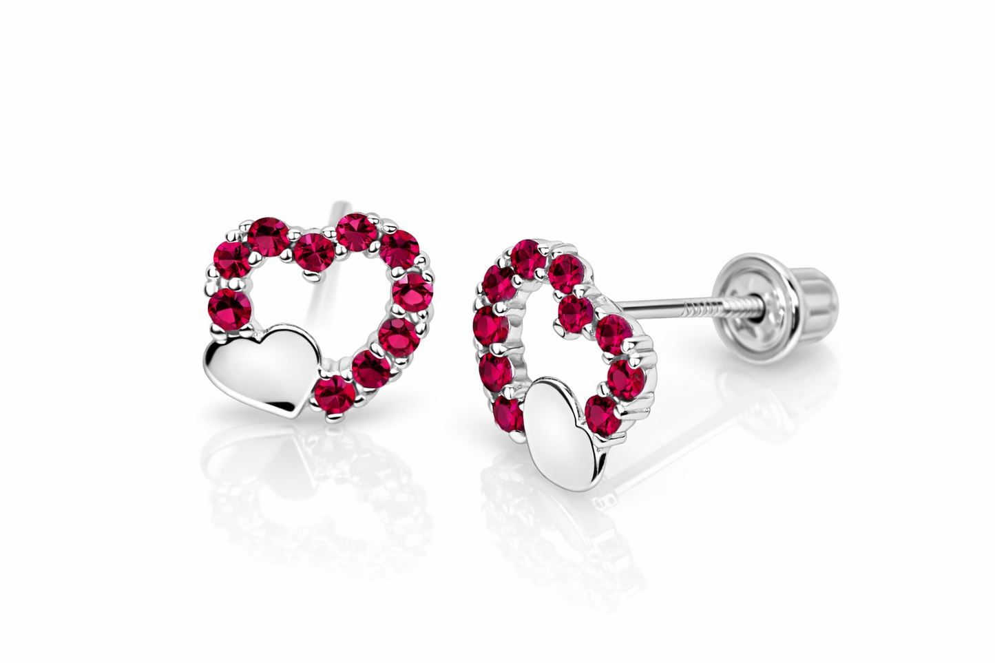 14K Yellow or White Gold Double Heart Stud Earrings with CZ  (Cubic Zirconia)