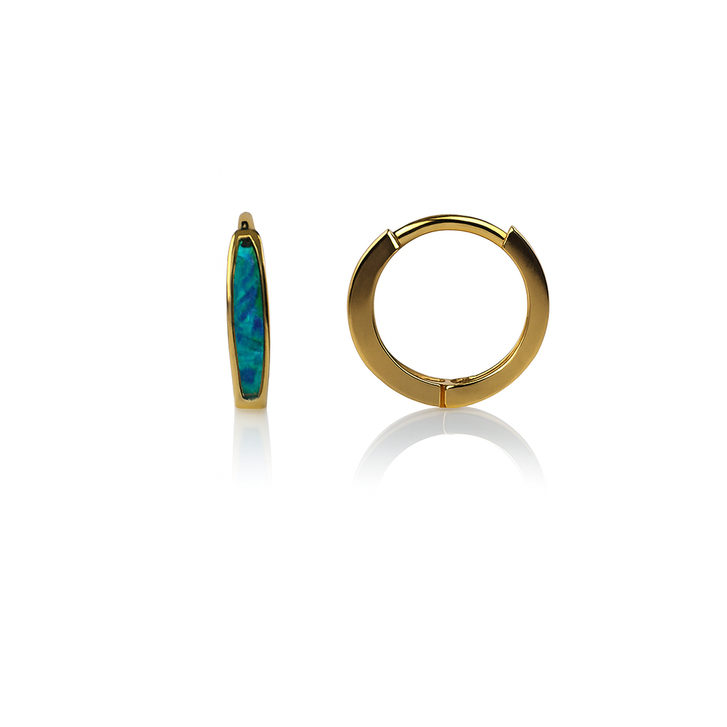 14k Yellow Gold Dark Green Opal Huggie Hoop Earrings