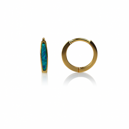 14k Yellow Gold Dark Green Opal Huggie Hoop Earrings