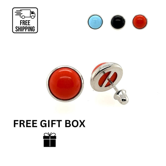 14K White Gold Turquoise/Onyx/Coral Screw Back Solitaire Stud Earrings