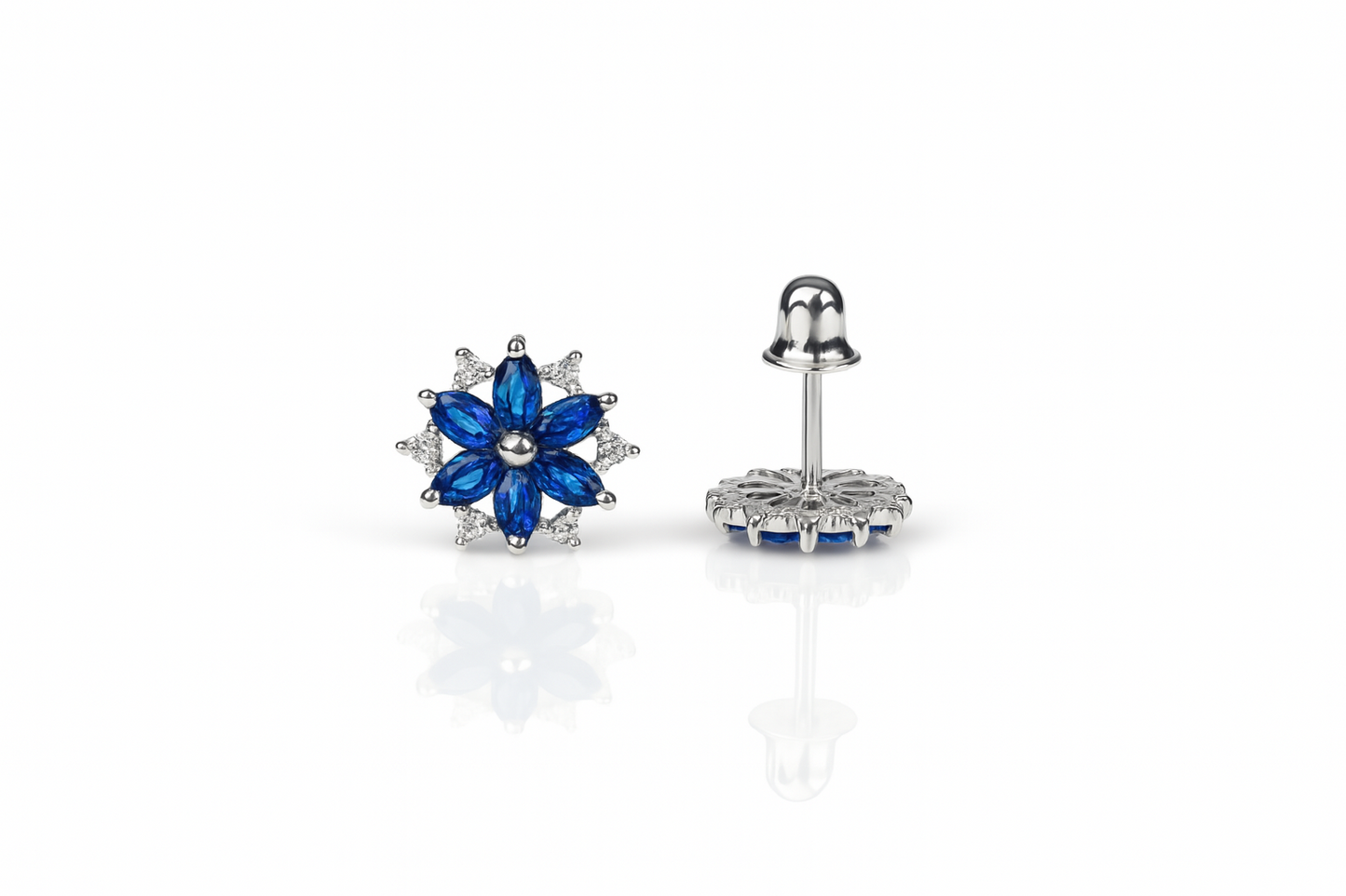 14K  White Gold Beautiful CZ Flower Stud Earrings for Women