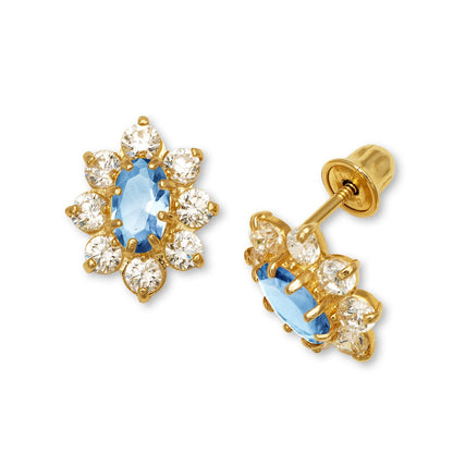 14K Yellow & White Gold CZ Flower Stud Screw Back Earrings for Women