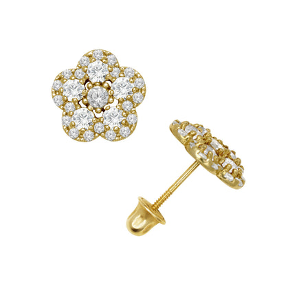 14k Yellow or White Gold CZ Flower Birthstone Stud Screw Back Earrings