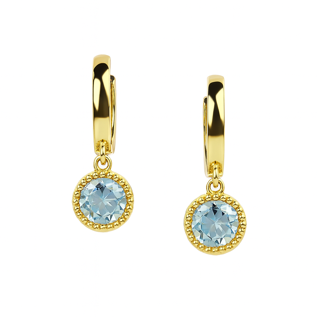 14k Yellow Gold Dangle Round Birthstone Huggie Earrings