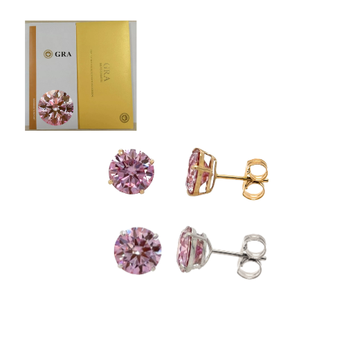 14K Gold GRA Certified D-VVS1 Round Pink Moissanite Push Back Studs Earrings