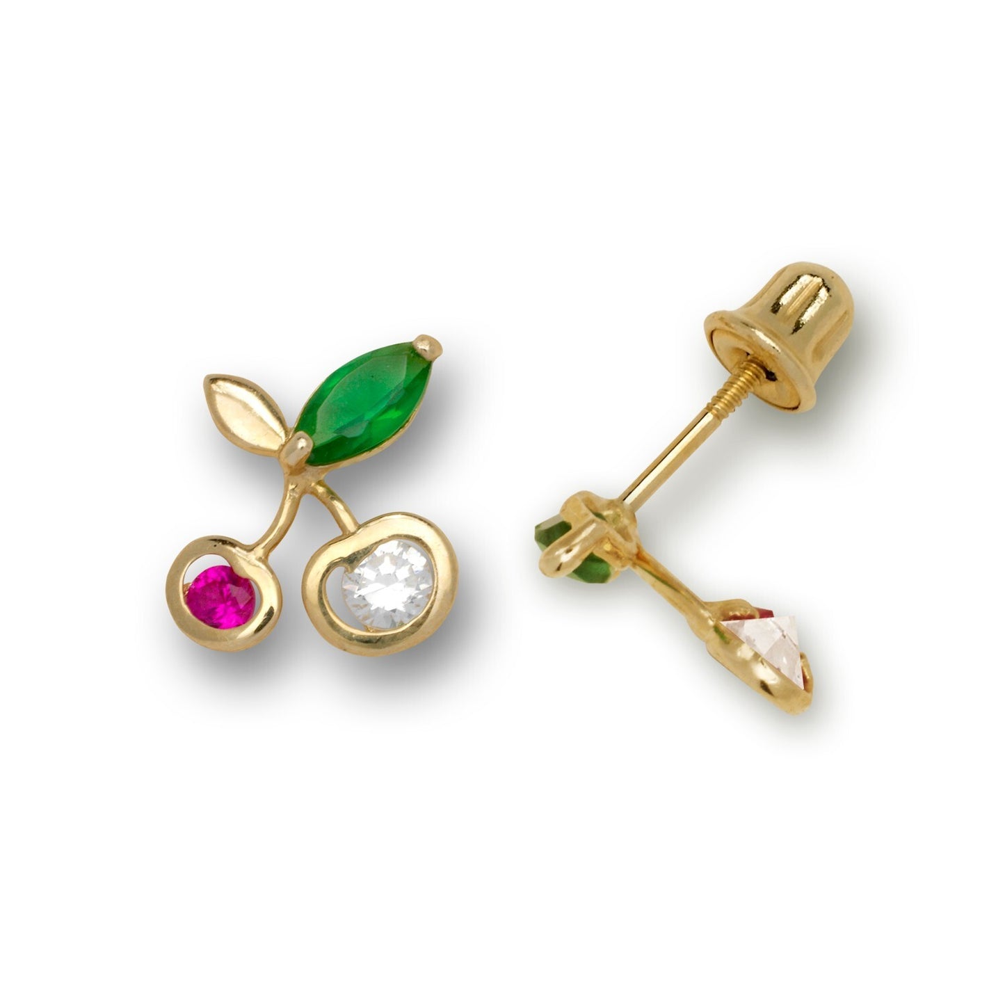 14K Yellow Gold Ruby & Emerald Cherry Stud Earrings Screw for Women
