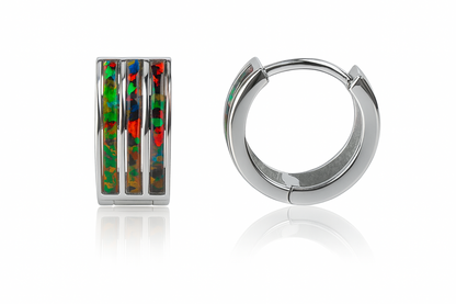 14k White Gold Triple Row Black Opal Huggie Hoop Earrings