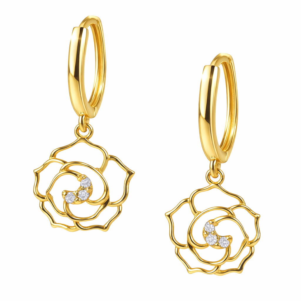 14k Yellow / White Gold Dangle CZ Flower Huggie Earrings