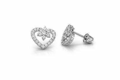 14K Yellow Gold CZ Heart Flower Shape Stud Earrings