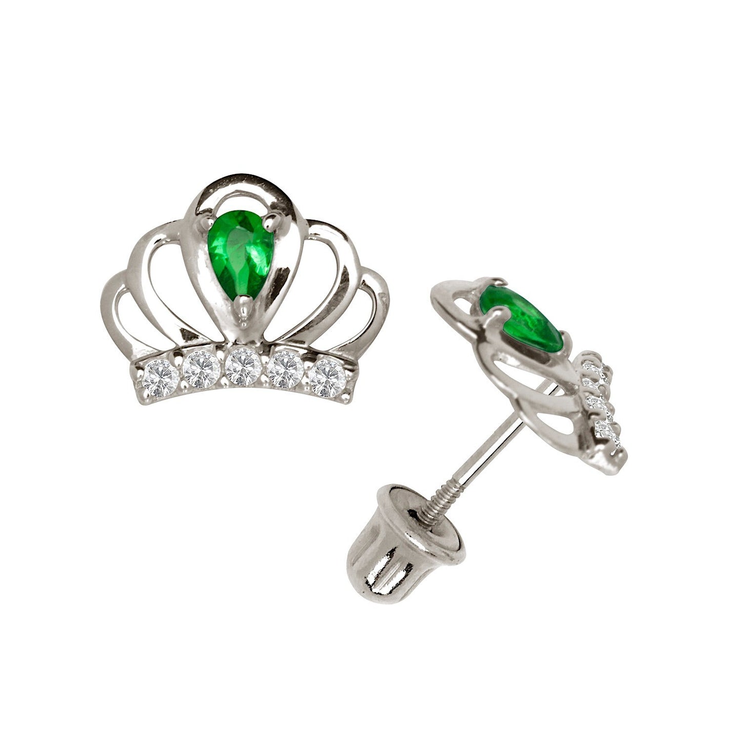 14k Yellow & White Gold CZ Crown Baby Screw Back Stud Earring for Girls