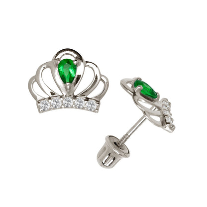 14k Yellow & White Gold CZ Crown Baby Screw Back Stud Earring for Girls