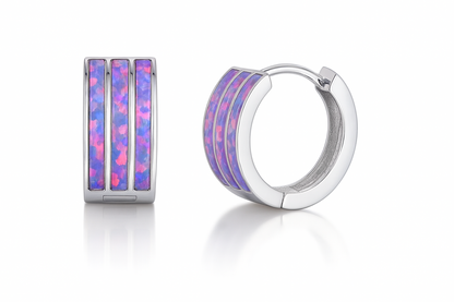 14k White Gold Triple Row Purple Opal Huggie Hoop Earrings
