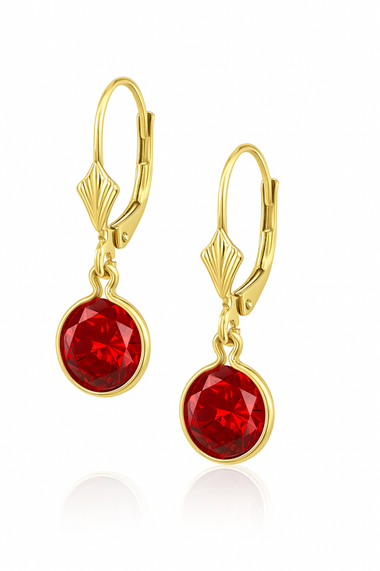 14K Yellow Gold Birthstone Round CZ Dangle Leverback Earrings
