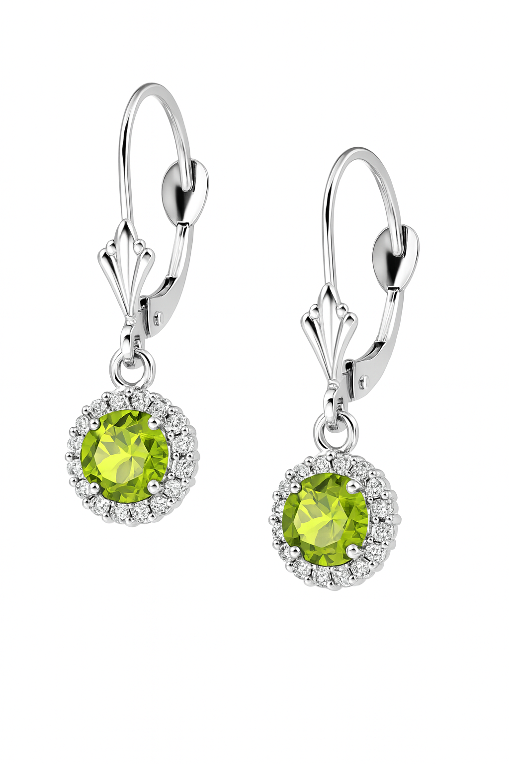 14k White Gold Halo Dangle Round Leverback Pierced Earrings Birthstone