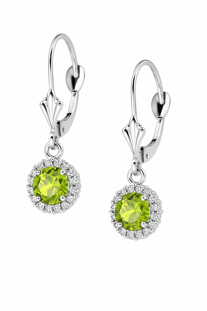 14k White Gold Halo Dangle Round Leverback Pierced Earrings Birthstone
