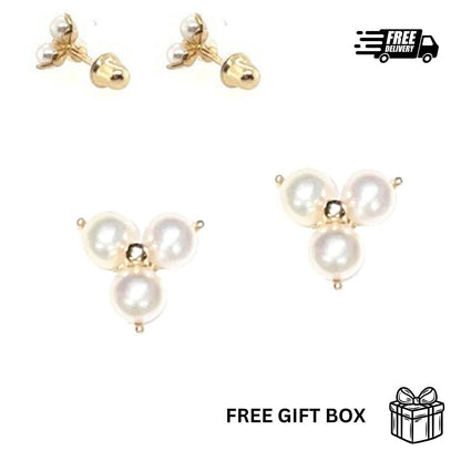 14K Solid Yellow Gold  Pearl Screw Back Stud Earrings