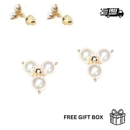 14K Solid Yellow Gold  Pearl Screw Back Stud Earrings