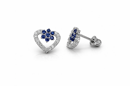 14K Yellow Gold CZ Heart Flower Shape Stud Earrings