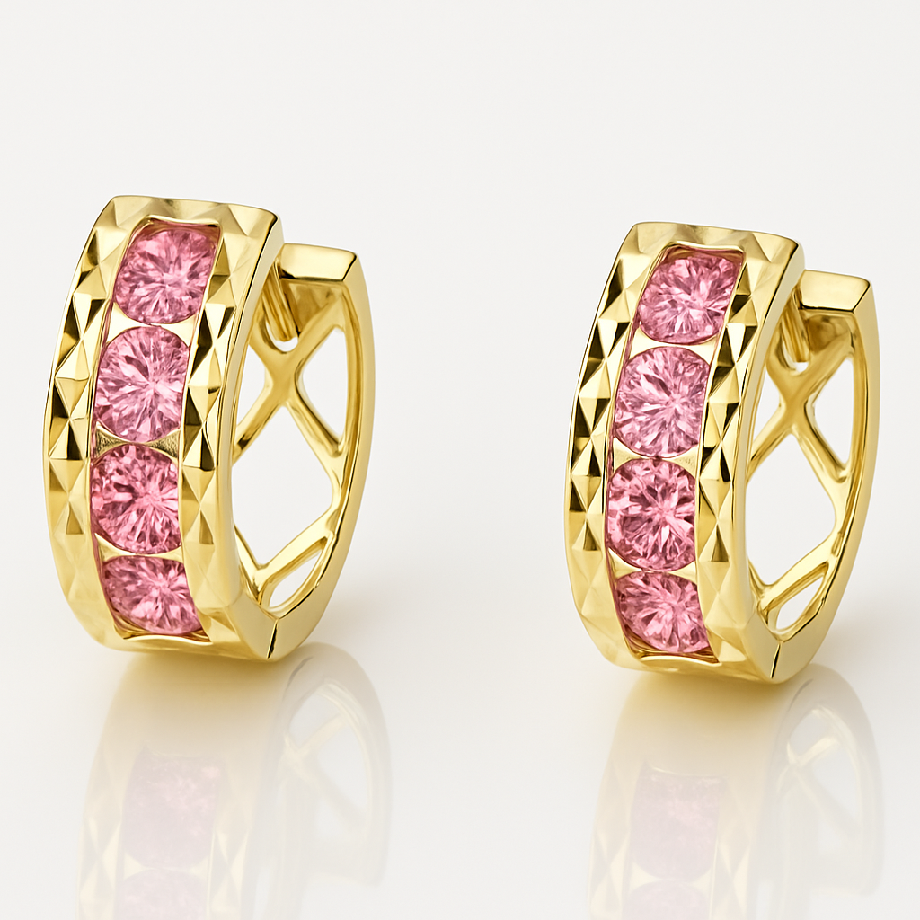 14k Yellow Gold Diamond Cut with Birthstone Huggie Earrings