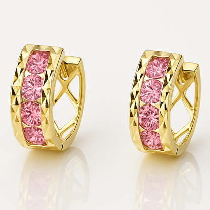 14k Yellow Gold Diamond Cut with Birthstone Huggie Earrings