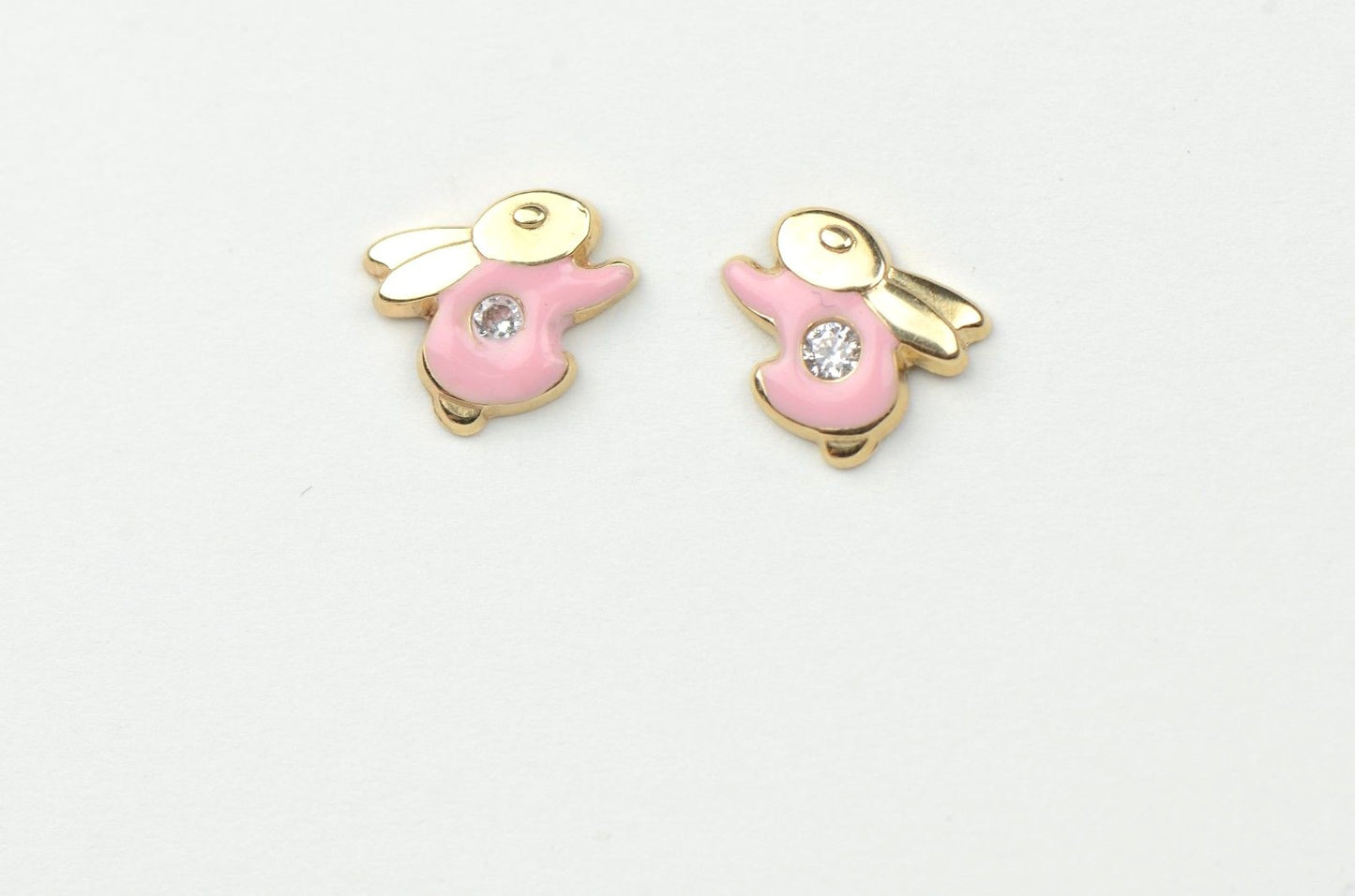 14k Yellow Gold Enamel and CZ Rabbit Baby earrings, Screw Back