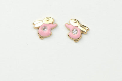 14k Yellow Gold Enamel and CZ Rabbit Baby earrings, Screw Back