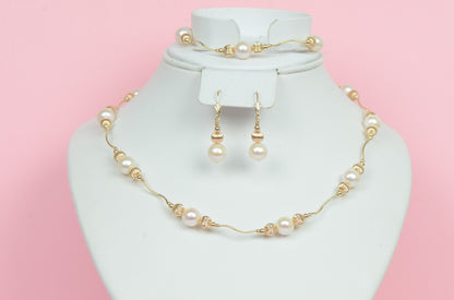 14k Yellow Gold Charming Genuine White Pearls Necklace, Bracelet, Earrings Set