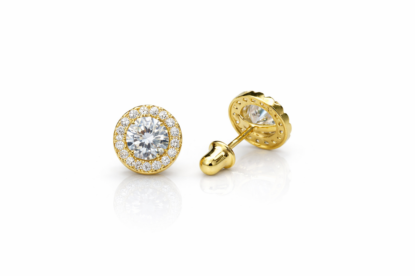 14K Yellow Gold Halo Stud Screw Back Earrings