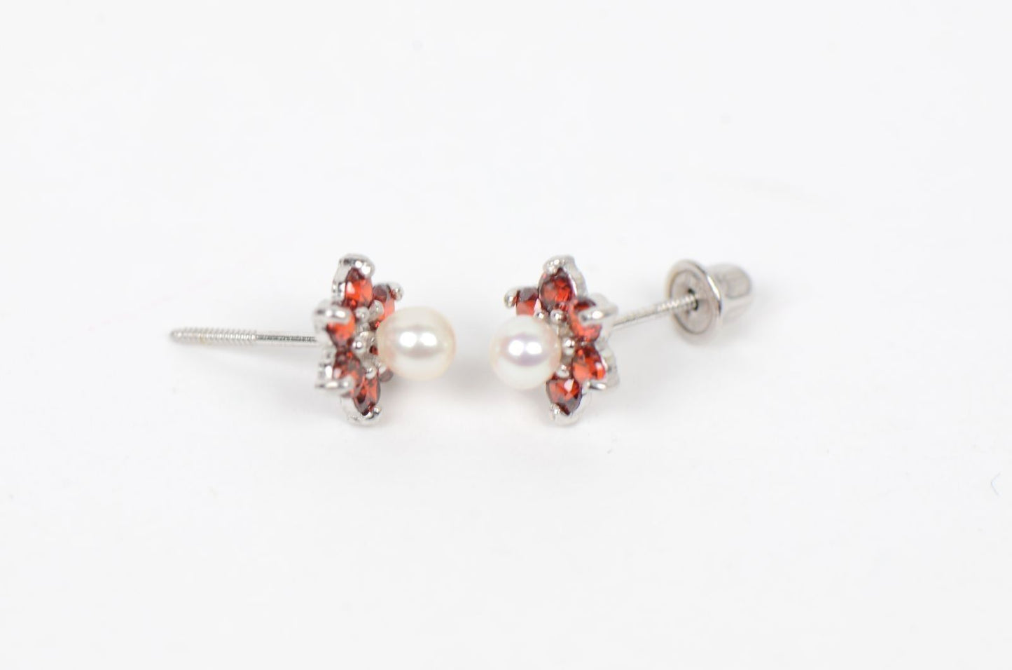 14k White Gold Flower CZ Stud Earrings White Pearl with Screw Back