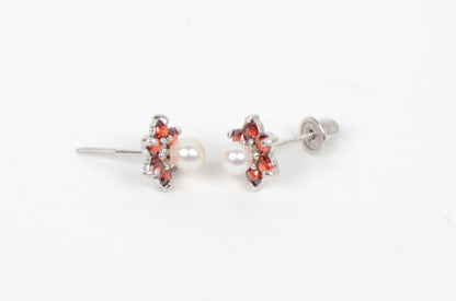 14k White Gold Flower CZ Stud Earrings White Pearl with Screw Back