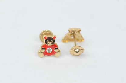 14k Yellow Gold Baby Enamel CZ Teddy Bear earrings, Screw Back