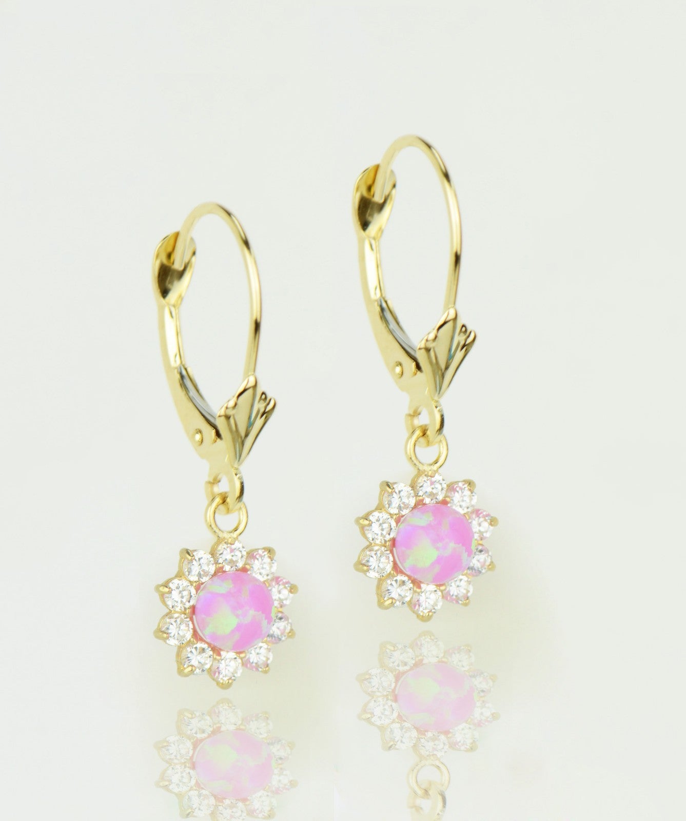 14k-Yellow-Gold-Opal Flower-CZ-Dangle-Earrings