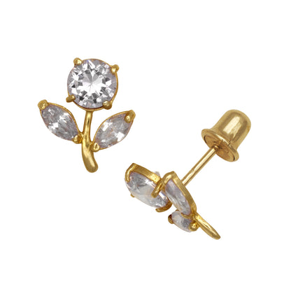 14k Yellow Gold CZ Flower Birthstone Stud Screw Back Earrings