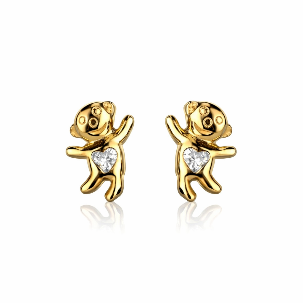 14k Yellow Gold CZ Bear Stud Earrings