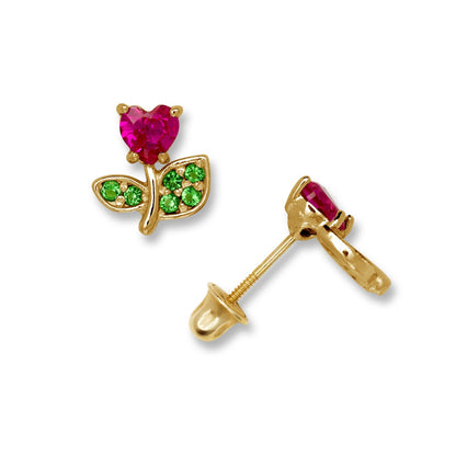14K Yellow & White Gold Heart Shaped Ruby & Emerald Studs Earrings for Women