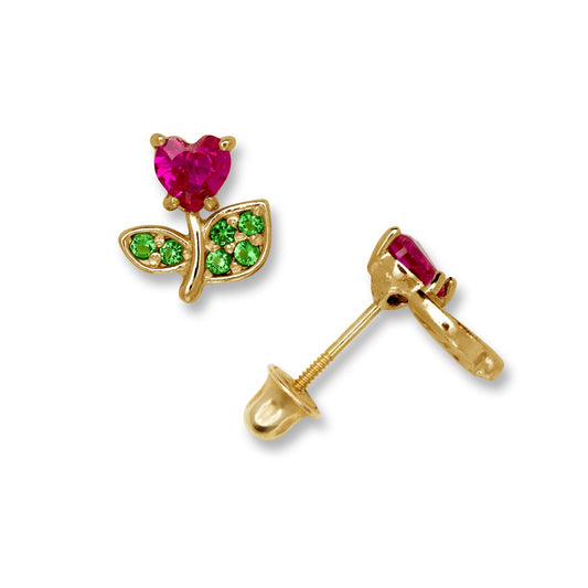 14K Yellow & White Gold Heart Shaped Ruby & Emerald Studs Earrings for Women