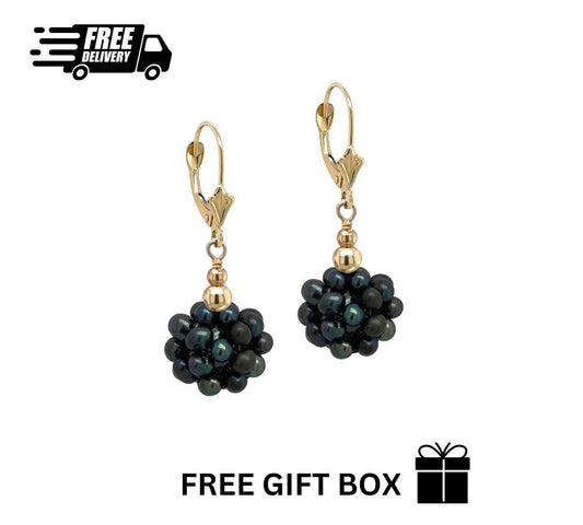 14k Yellow Gold Dangle Freshwater Pearl Cluster Leverback Earrings
