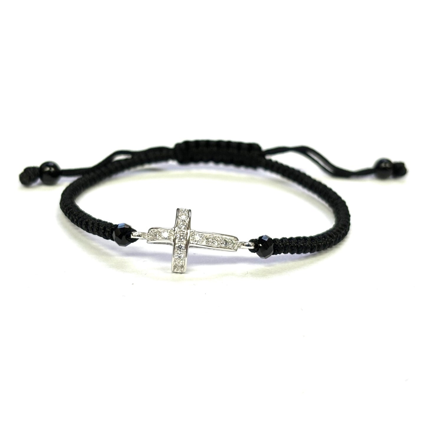 925 Sterling Silver String CZ Bracelet Cross 6" Adjustable to 11"