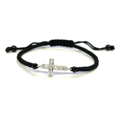 925 Sterling Silver String CZ Bracelet Cross 6" Adjustable to 11"