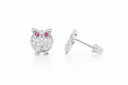 14k Solid Yellow or White Gold Owl Screw Back Stud Earrings with CZ